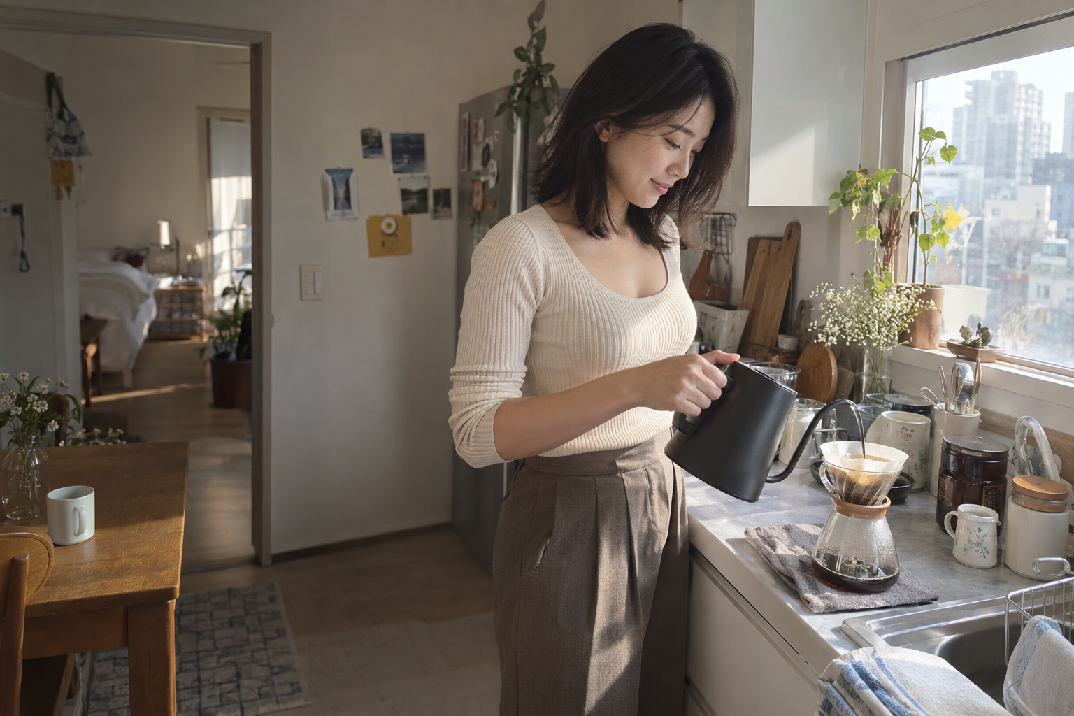 아침 햇살이 드는 주방에서 커피를 내리는 여성